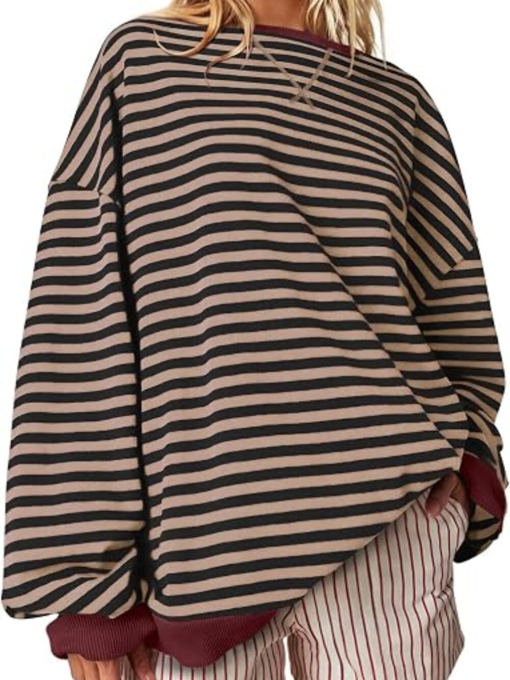 UEU Women Oversized Striped Crewneck Sweatshirt (L) Striped